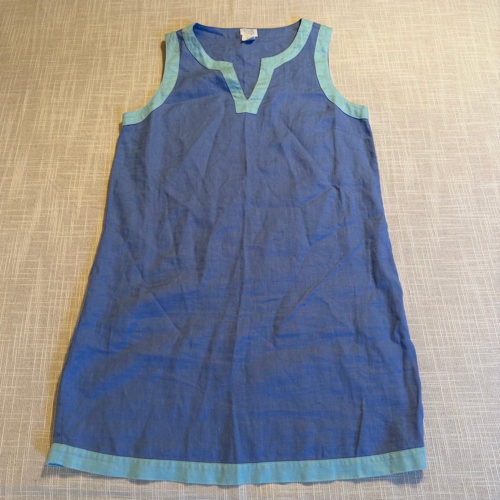 Sigrid Olsen Blue 100% Linen Sleeveless Shift Dress Turquoise Trim Womens Small